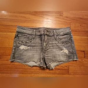 Express Grey Jean Short cut offs with rhinestone embellishments. Size 6.